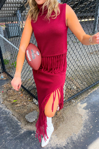 On the Road Burgundy Fringe Knit Turtle Neck Sleeveless Sweater-Tops-Cloud Ten-L. Mae Boutique & Wild Mabel Clothing