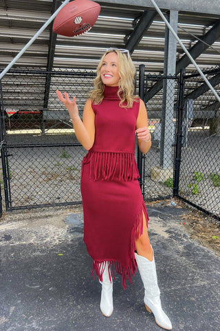 On the Road Burgundy Fringe Knit Turtle Neck Sleeveless Sweater-Tops-Cloud Ten-L. Mae Boutique & Wild Mabel Clothing