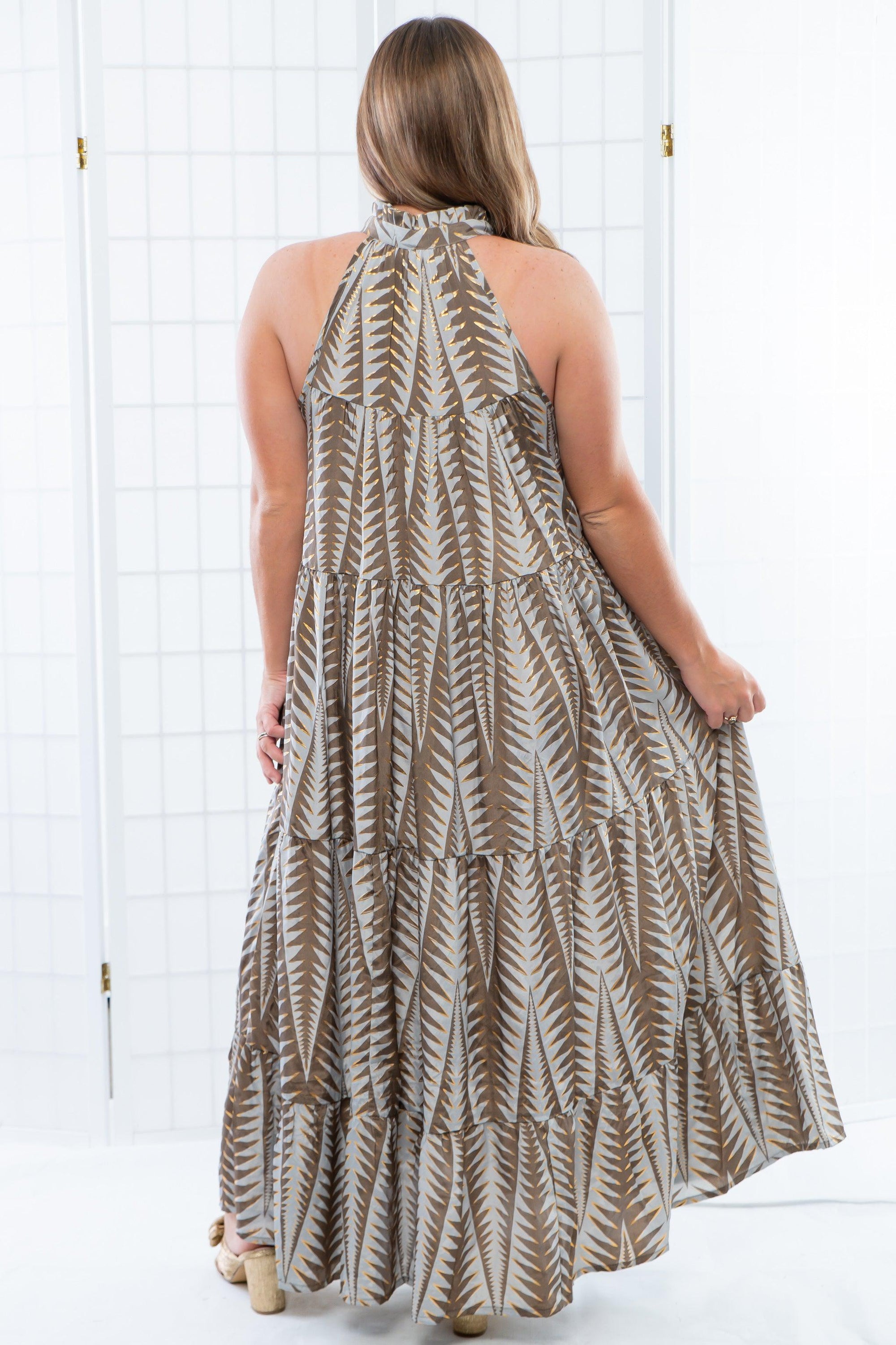 Ophelia Gold Patterned Grey Tiered Maxi Dress-Dresses-Fashion Fuse-L. Mae Boutique &amp; Wild Mabel Clothing