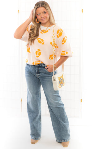 Orange Football Pattern Short Sleeve Sweater-Tops-BiBi-L. Mae Boutique & Wild Mabel Clothing