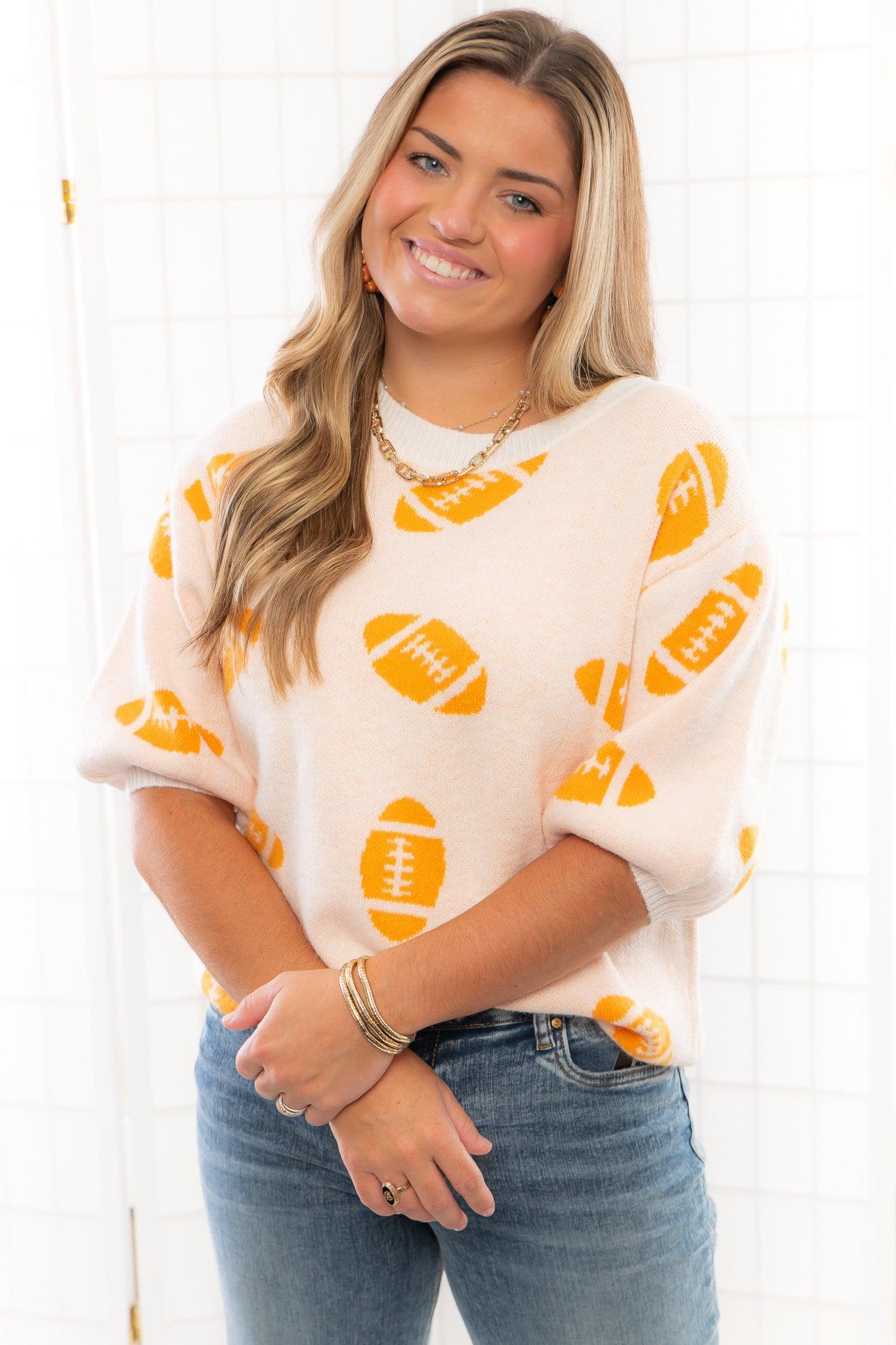 Orange Football Pattern Short Sleeve Sweater-Tops-BiBi-L. Mae Boutique &amp; Wild Mabel Clothing