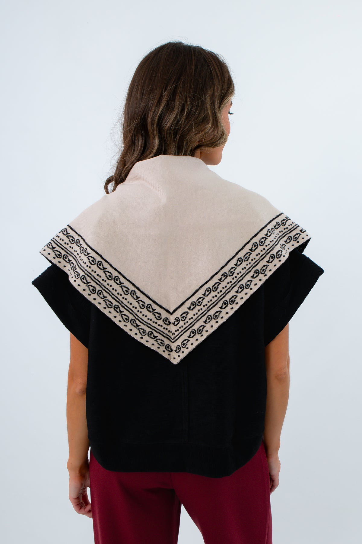 Neutral fall scarf with all-over paisley pattern and dotted print, black and cream triangle knit scarf, fall accessories