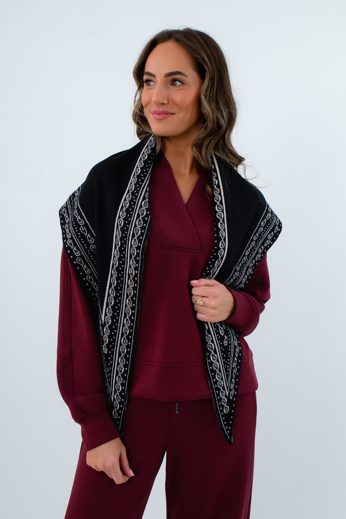 Large triangle paisley bandana scarf with reversible design, black knit scarf, black and cream knit scarf for fall
