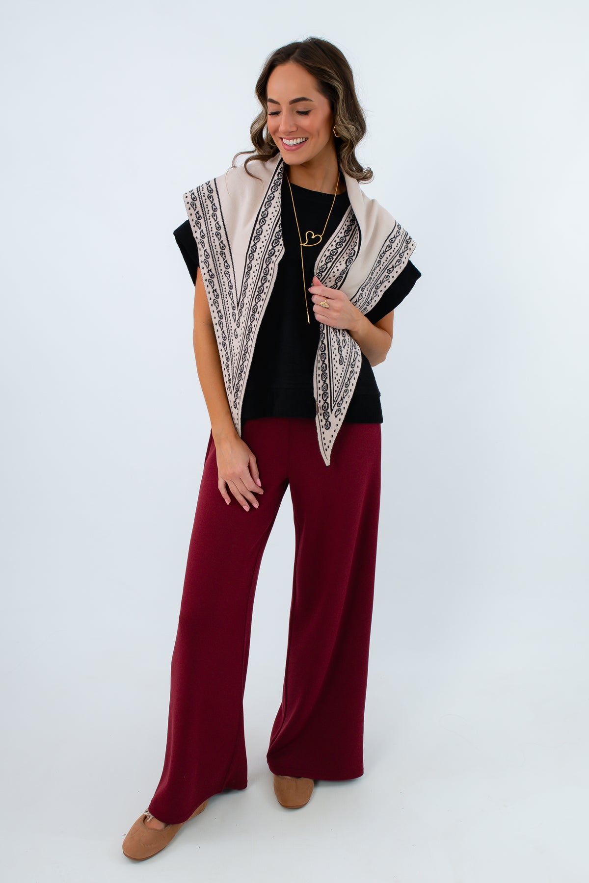 Knit scarf with black and cream paisley motif border, neutral fall triangle scarf for fall, knit triangle scarf for fall