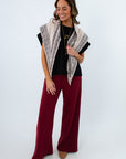 Knit scarf with black and cream paisley motif border, neutral fall triangle scarf for fall, knit triangle scarf for fall
