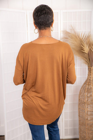 Pale Brown Long Sleeve V Neck Drape Top-Hyfve-L. Mae Boutique