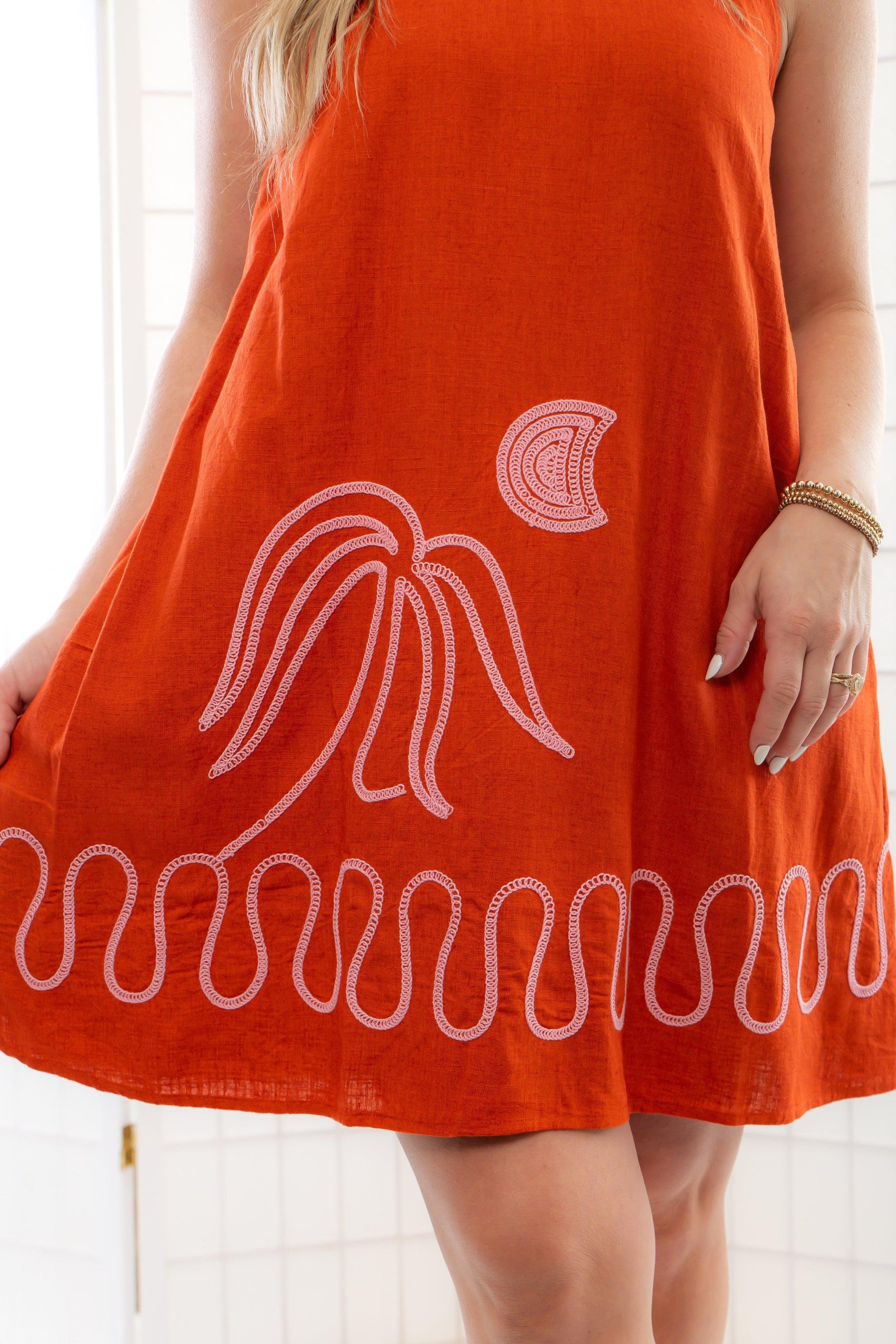 Palm to Moon Burnt Orange Embroidered Halter Mini Dress-Dresses-Ciebon-L. Mae Boutique & Wild Mabel Clothing