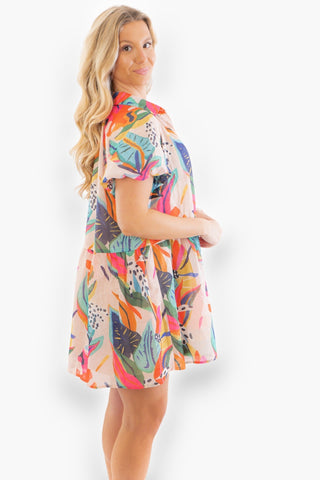 Paradise Island Tropical Print Puff Sleeve Mini Dress-TCEC-L. Mae Boutique