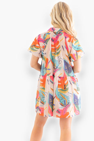 Paradise Island Tropical Print Puff Sleeve Mini Dress-TCEC-L. Mae Boutique