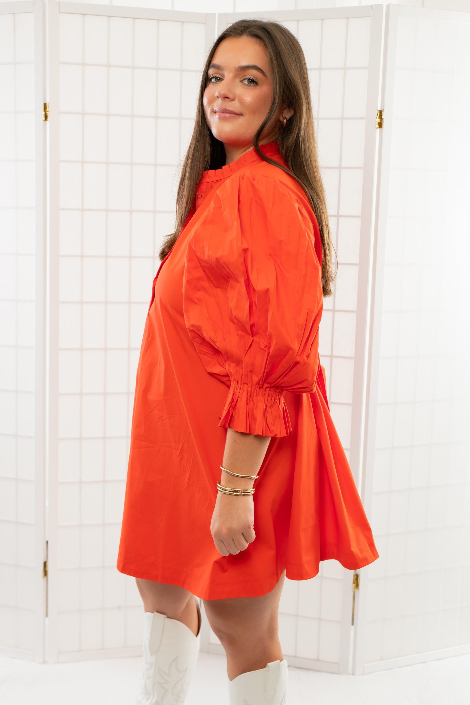 Park Orange Pleated Sleeve Mini Dress-Dresses-Sincerely Ours-L. Mae Boutique &amp; Wild Mabel Clothing