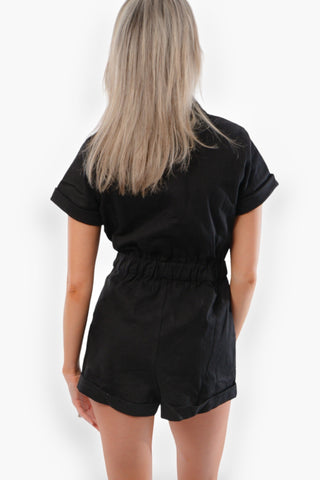 Parker Short Sleeve Black Denim Romper-Onesies-day + moon-L. Mae Boutique & Wild Mabel Clothing