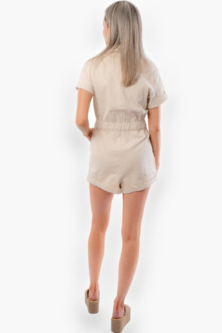 Parker Short Sleeve Oatmeal Denim Romper-Onesies-day + moon-L. Mae Boutique & Wild Mabel Clothing