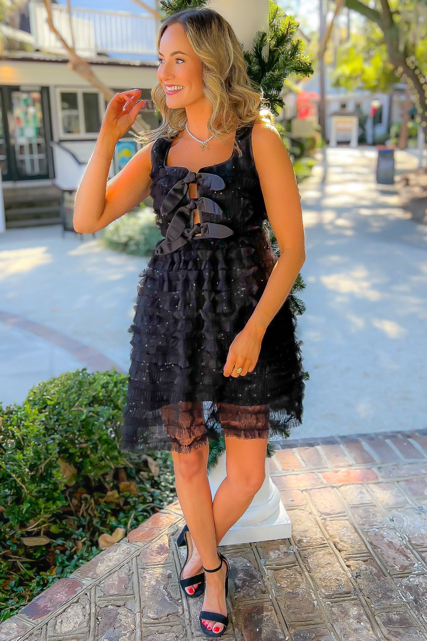 Party Time Black Bow Front Mini Dress-Dresses-Just Me-L. Mae Boutique & Wild Mabel Clothing