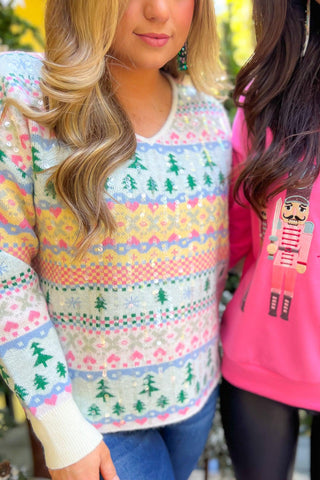 Pastel Christmas Tree Fair Isle Sequin Sweater-Tops-WHY Dress-L. Mae Boutique & Wild Mabel Clothing