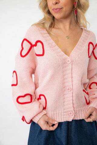 Payton Yarn Hearts Pink Cardigan-Tops-Polagram-L. Mae Boutique & Wild Mabel Clothing