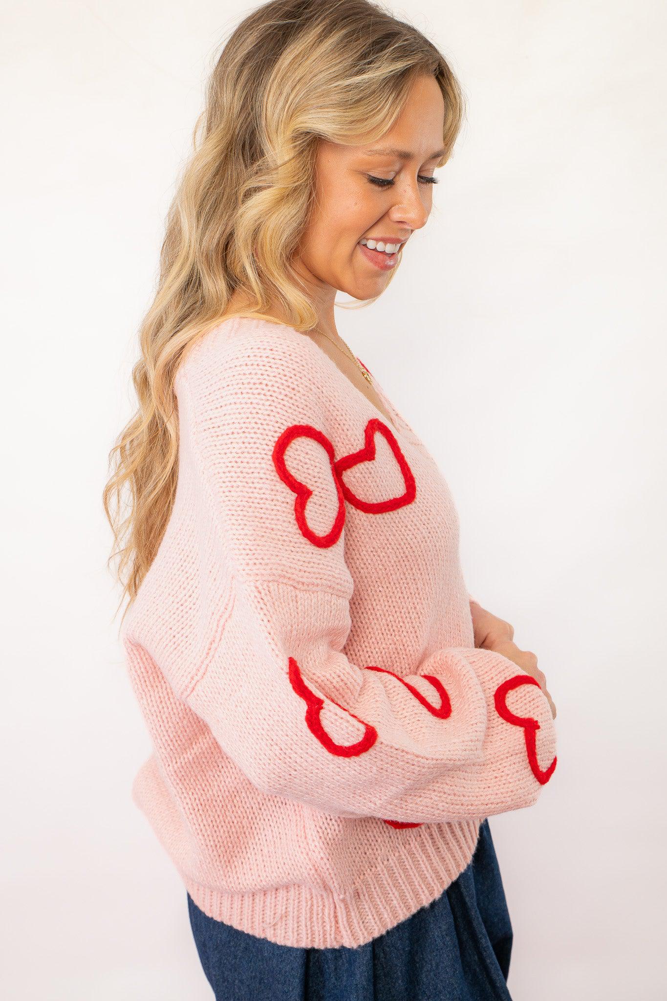 Payton Yarn Hearts Pink Cardigan-Tops-Polagram-L. Mae Boutique &amp; Wild Mabel Clothing