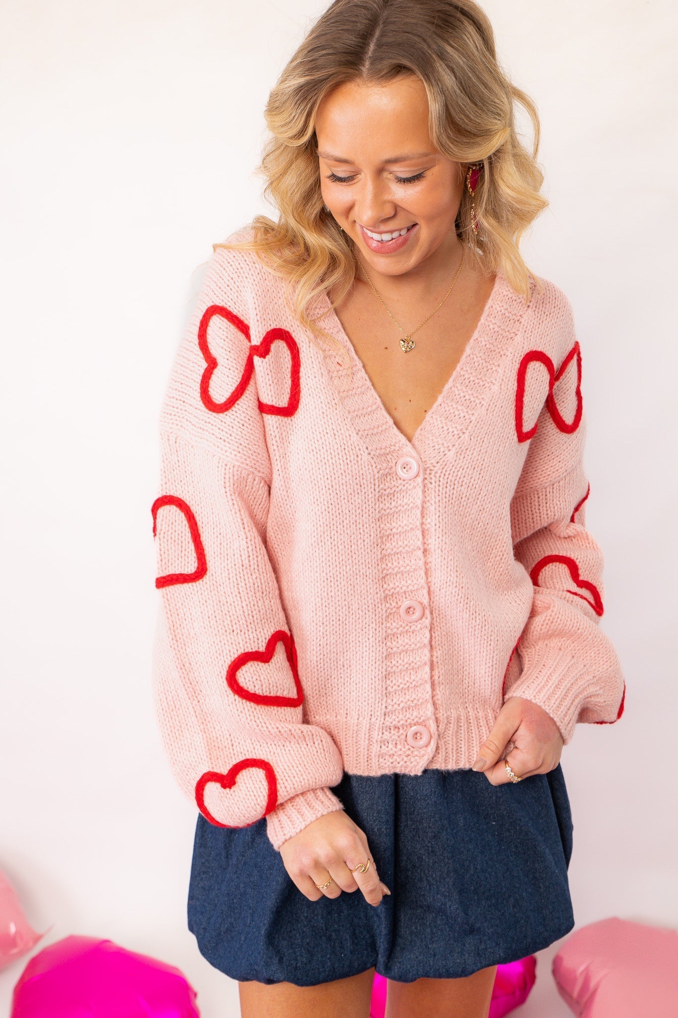 Payton Yarn Hearts Pink Cardigan-Tops-Polagram-L. Mae Boutique &amp; Wild Mabel Clothing