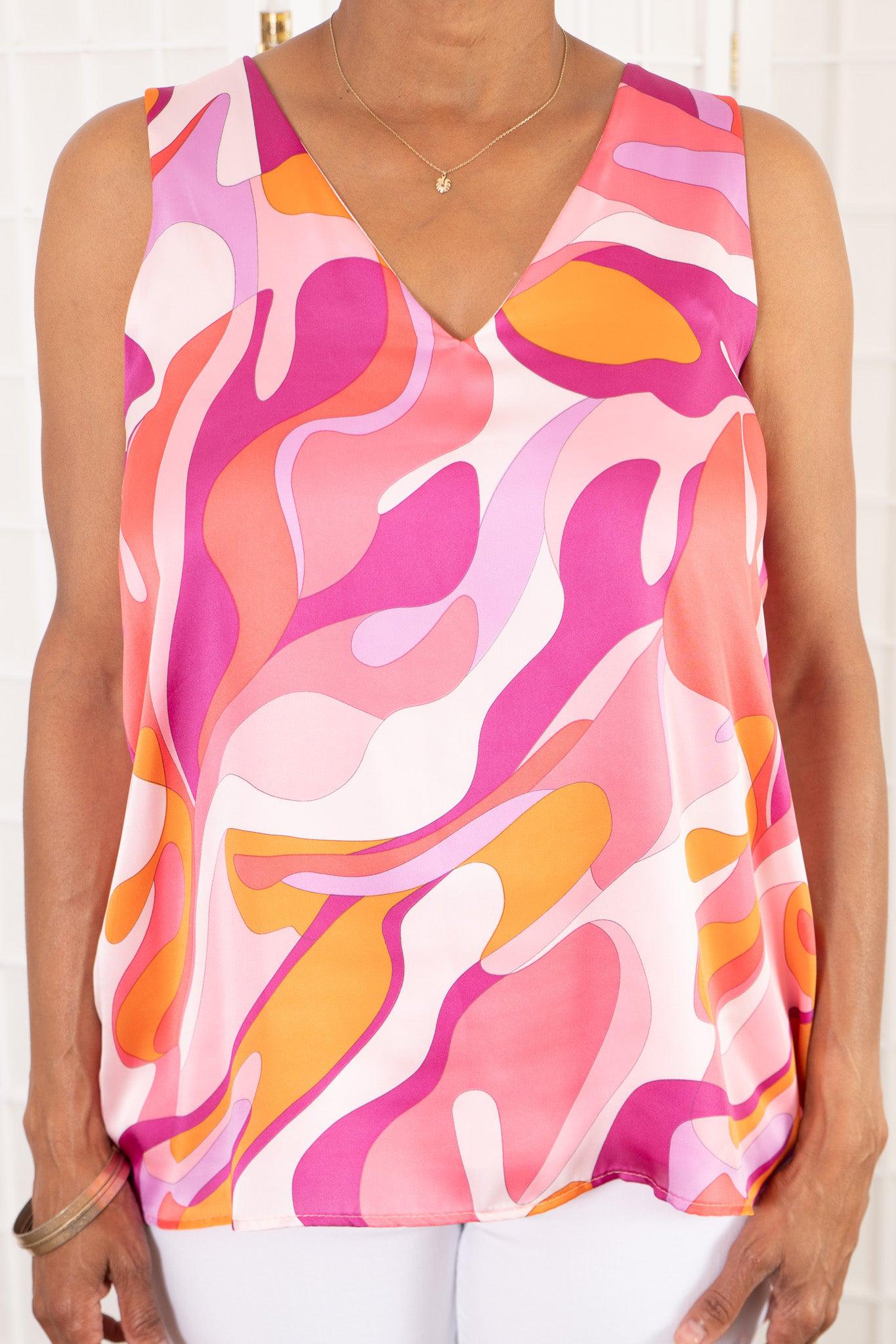 Peach Abstract Printed V Neck Pleat Detail Cami Halter Tank Top-Tops-Adrienne-L. Mae Boutique & Wild Mabel Clothing