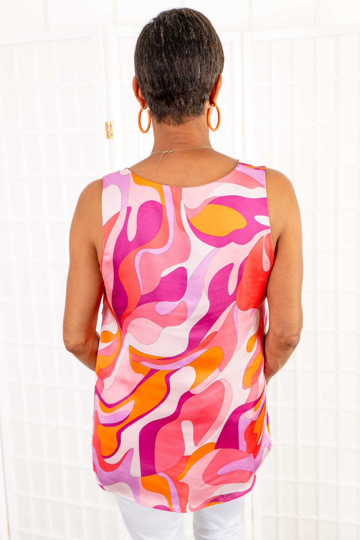 Peach Abstract Printed V Neck Pleat Detail Cami Halter Tank Top-Tops-Adrienne-L. Mae Boutique &amp; Wild Mabel Clothing