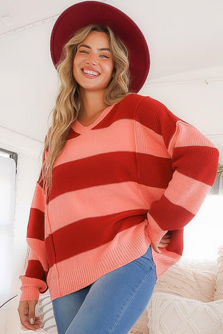 Peach & Burgundy Wide Stripe Knit Sweater-Peach Love California-L. Mae Boutique