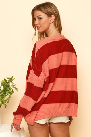 Peach & Burgundy Wide Stripe Knit Sweater-Peach Love California-L. Mae Boutique
