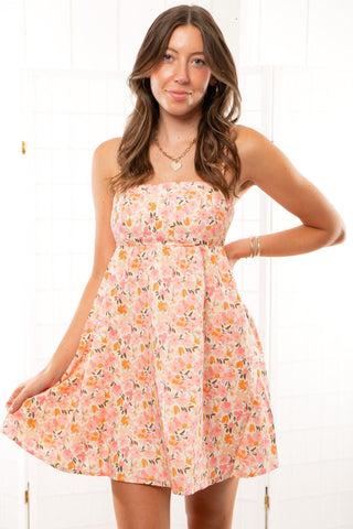 Peachy Feeling Floral Mini Babydoll Dress-Dresses-B. RIGHT Apparel-L. Mae Boutique & Wild Mabel Clothing