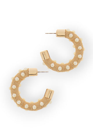 Pearl Studded Raffia Hoop Earrings-Golden Stella-L. Mae Boutique
