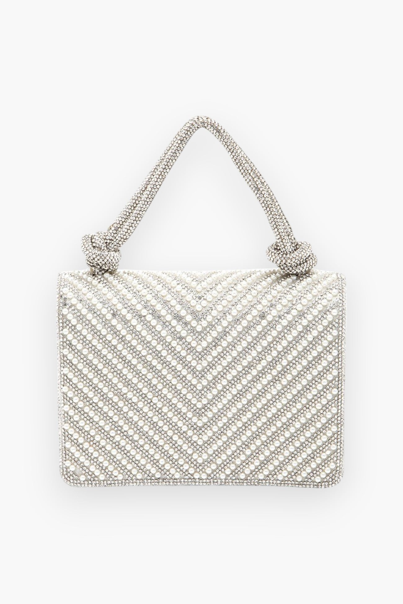 Pearl studded rhinestone handle clutch bag with a chevron pattern, featuring a structured design and elegant detailing for a sophisticated look.