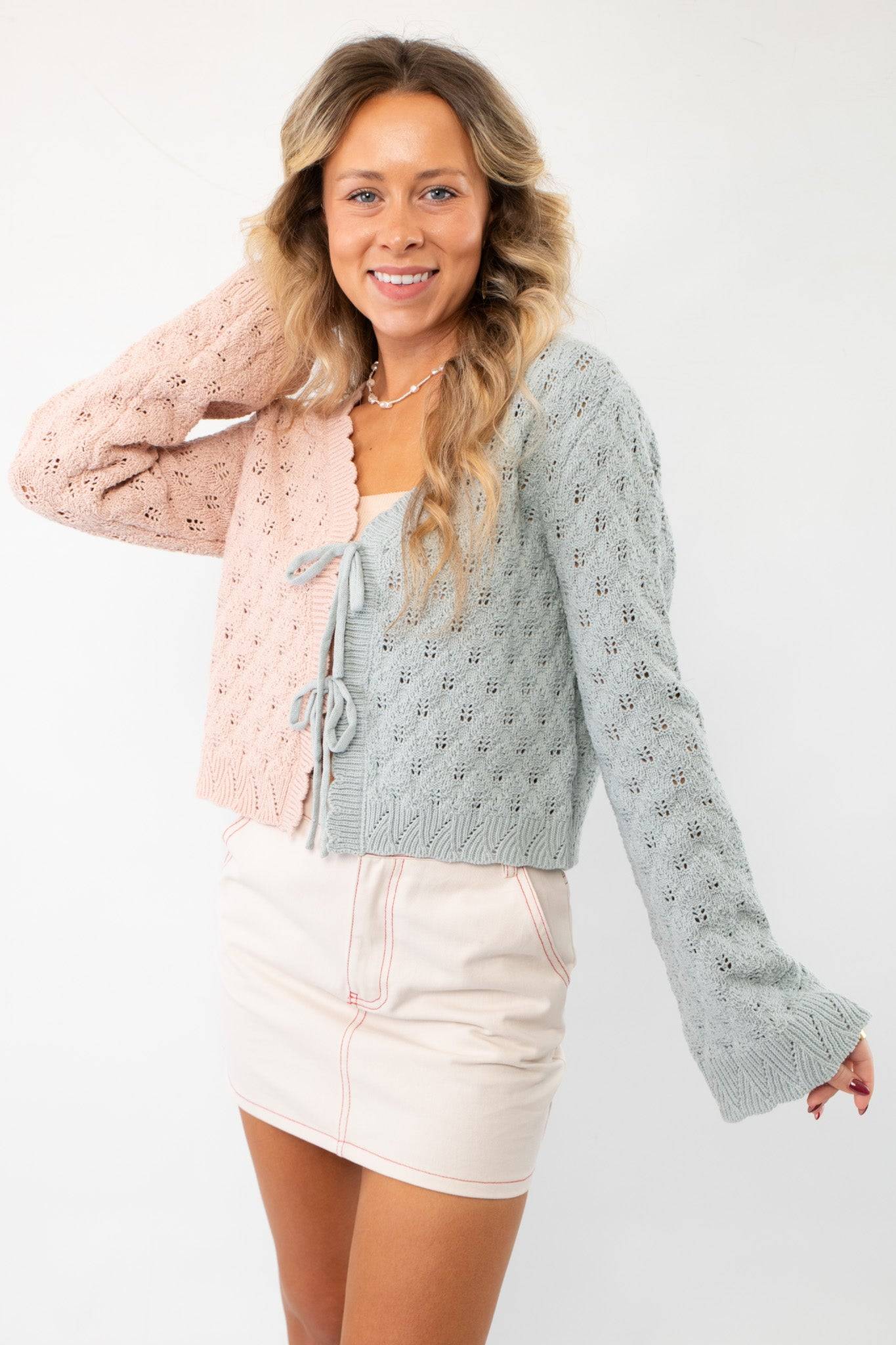 Perfect Clarity Color Block Pink &amp; Blue Tie Front Cardigan-Tops-Hem &amp; Thread-L. Mae Boutique &amp; Wild Mabel Clothing