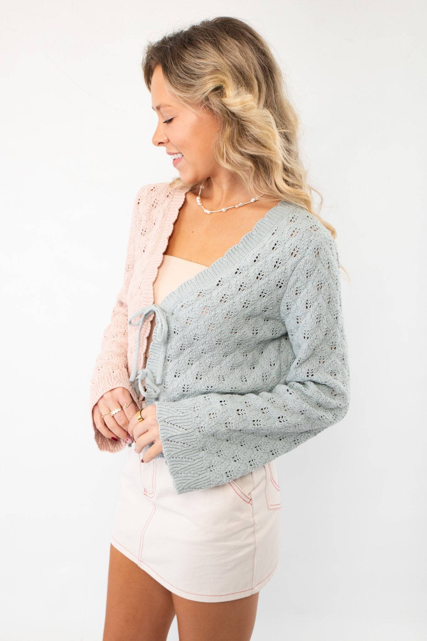 Perfect Clarity Color Block Pink &amp; Blue Tie Front Cardigan-Tops-Hem &amp; Thread-L. Mae Boutique &amp; Wild Mabel Clothing