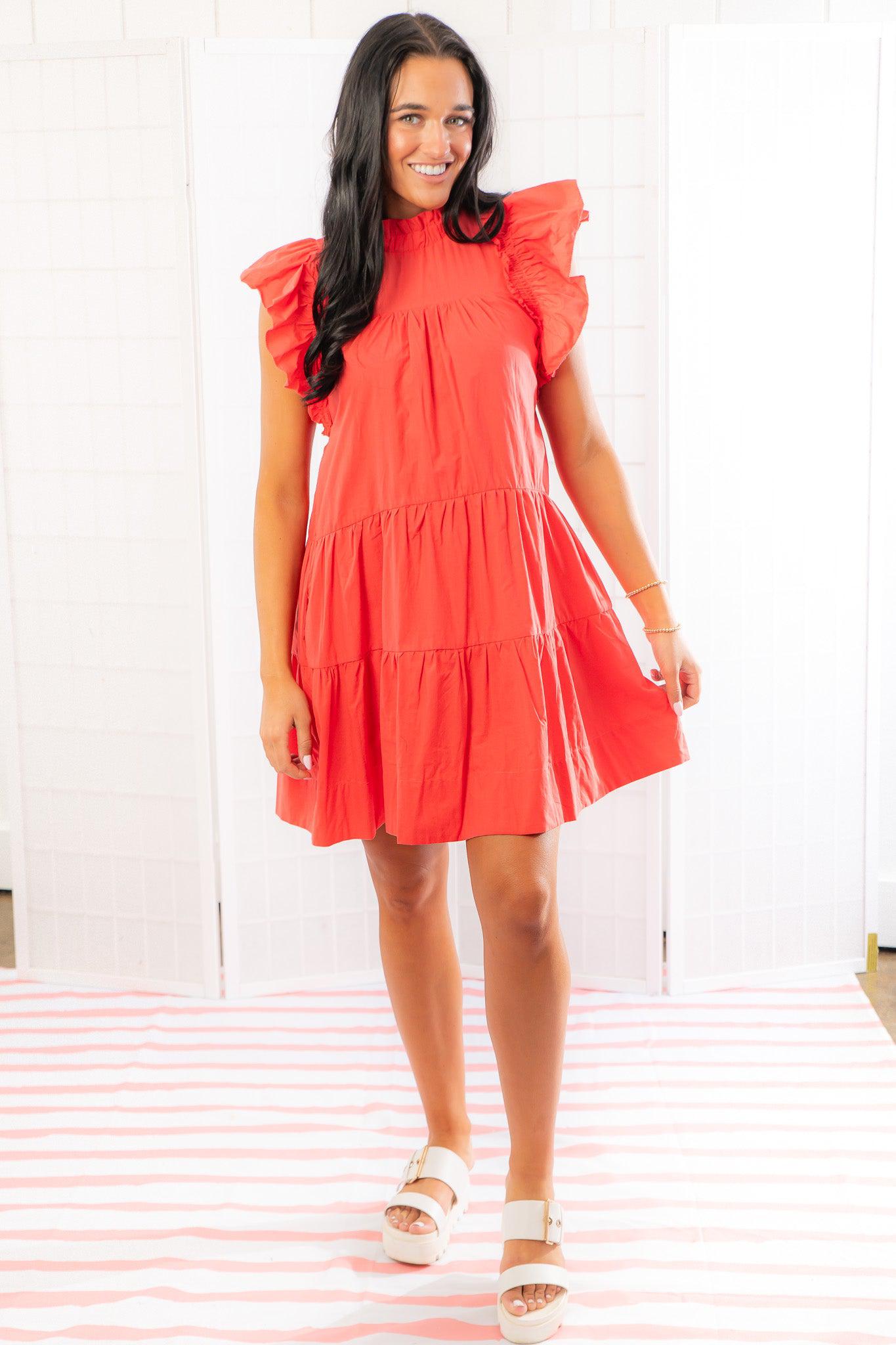 Phoebe Red Ruffle Sleeve Tiered Dress-Dresses-Pinch-L. Mae Boutique &amp; Wild Mabel Clothing