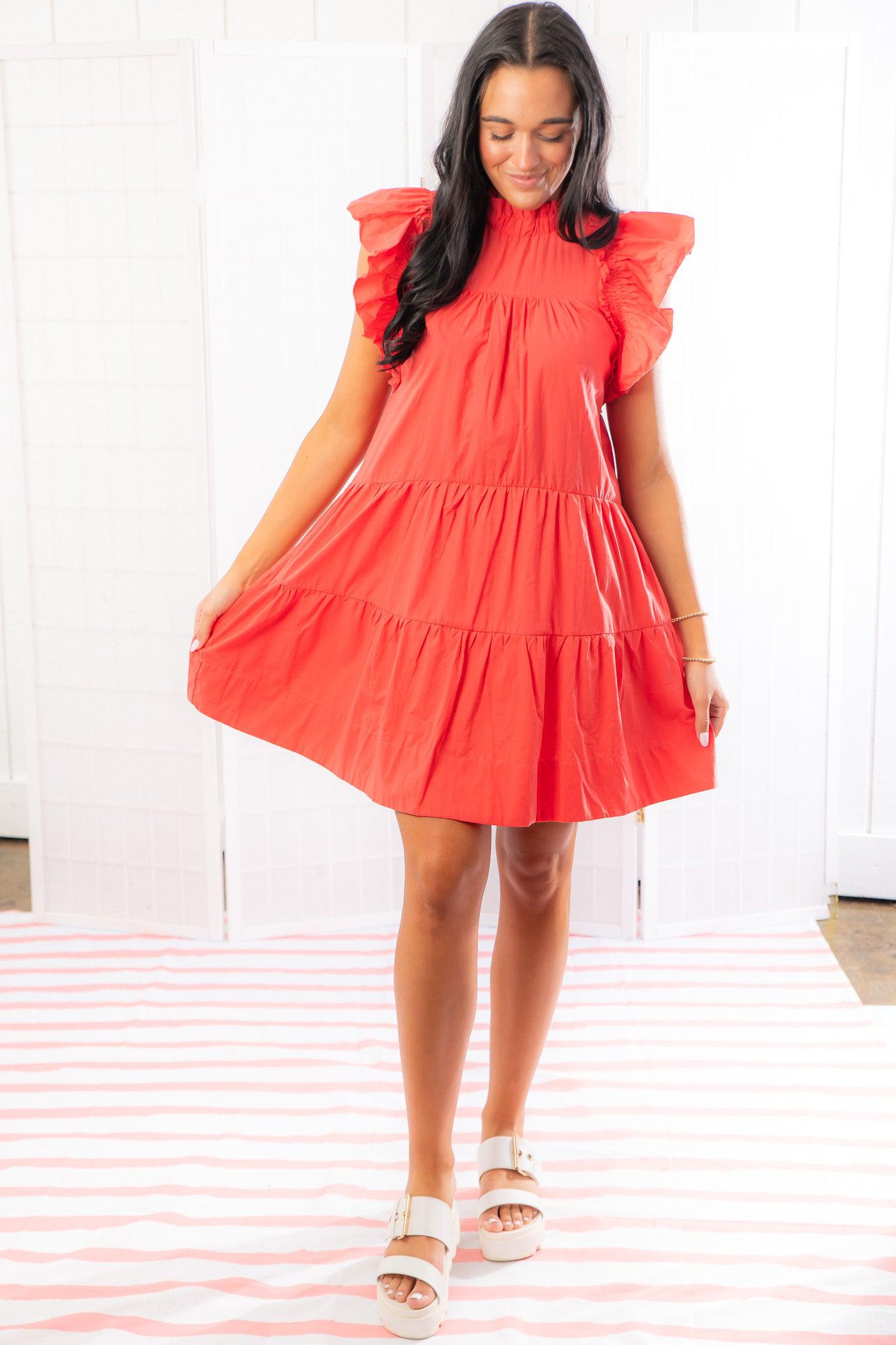 Phoebe Red Ruffle Sleeve Tiered Dress-Dresses-Pinch-L. Mae Boutique &amp; Wild Mabel Clothing