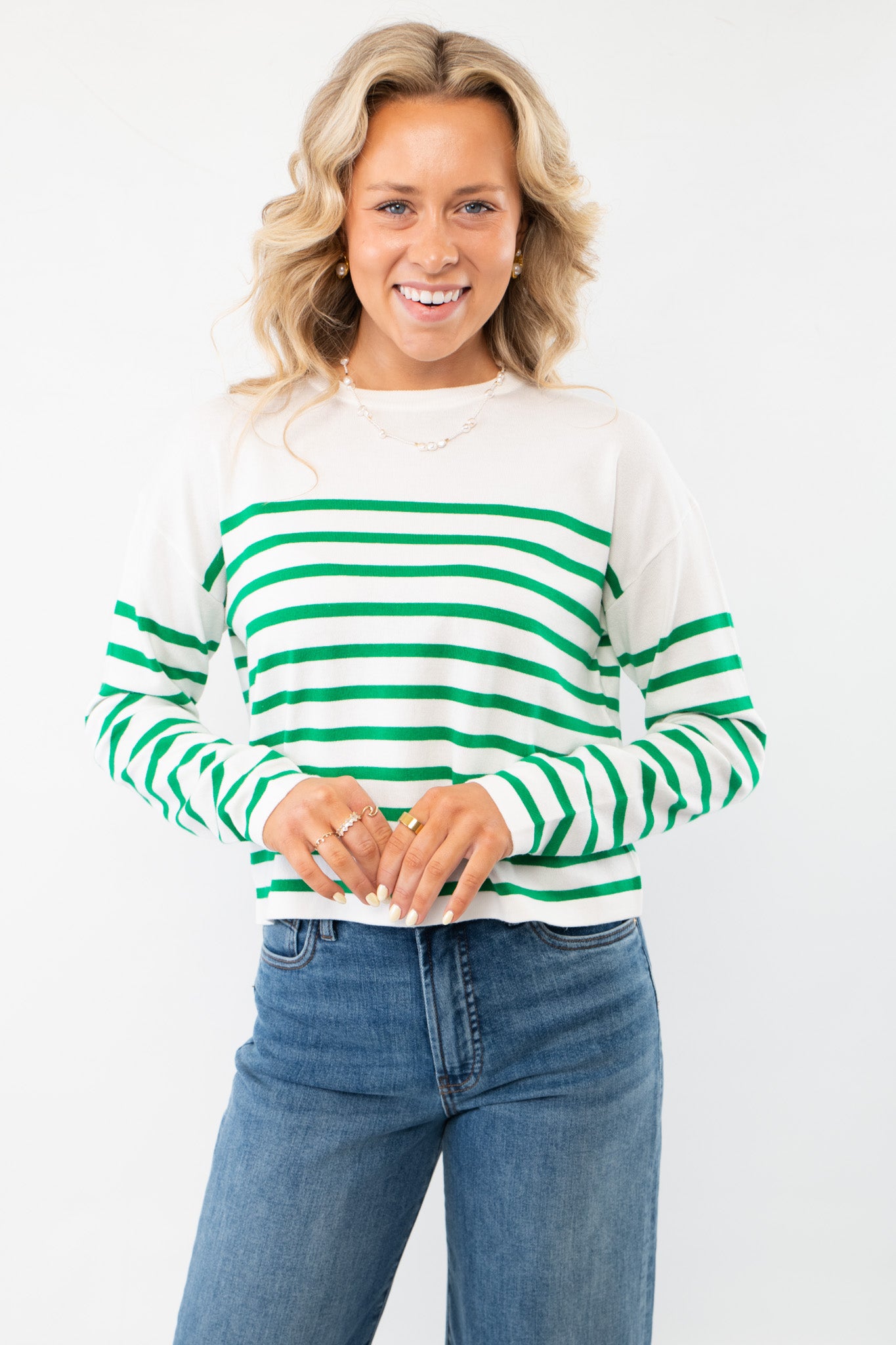 Front view of the Pinch Me Green Striped Long Sleeve Top with a classic crew neckline and long sleeves, perfect for casual and stylish wear.