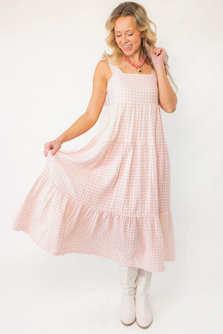 Pink Gingham Maxi Dress with Lace Trim-Dresses-Polagram-L. Mae Boutique & Wild Mabel Clothing