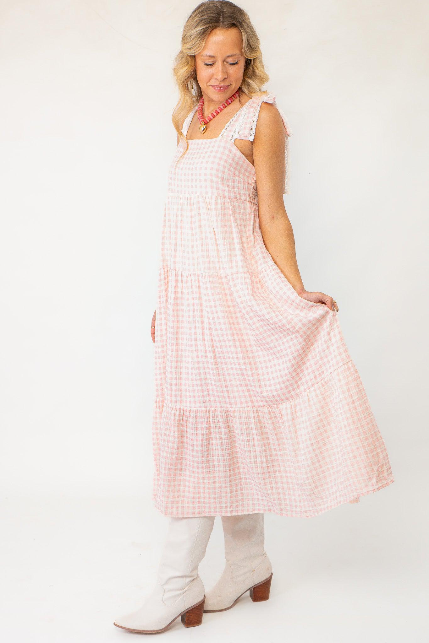 Pink Gingham Maxi Dress with Lace Trim-Dresses-Polagram-L. Mae Boutique &amp; Wild Mabel Clothing