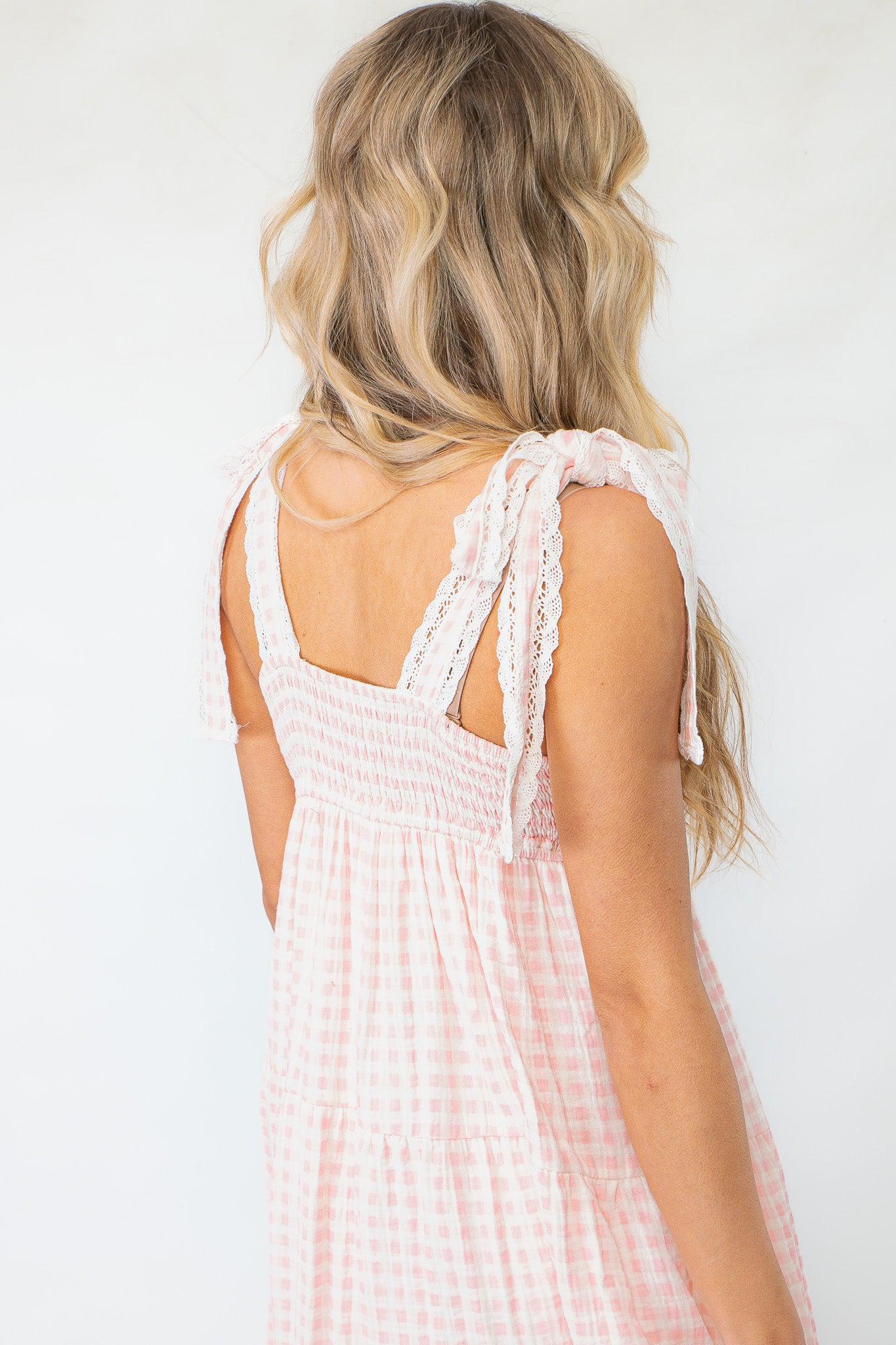 Pink Gingham Maxi Dress with Lace Trim-Dresses-Polagram-L. Mae Boutique &amp; Wild Mabel Clothing