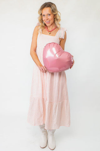 Pink Gingham Maxi Dress with Lace Trim-Dresses-Polagram-L. Mae Boutique & Wild Mabel Clothing