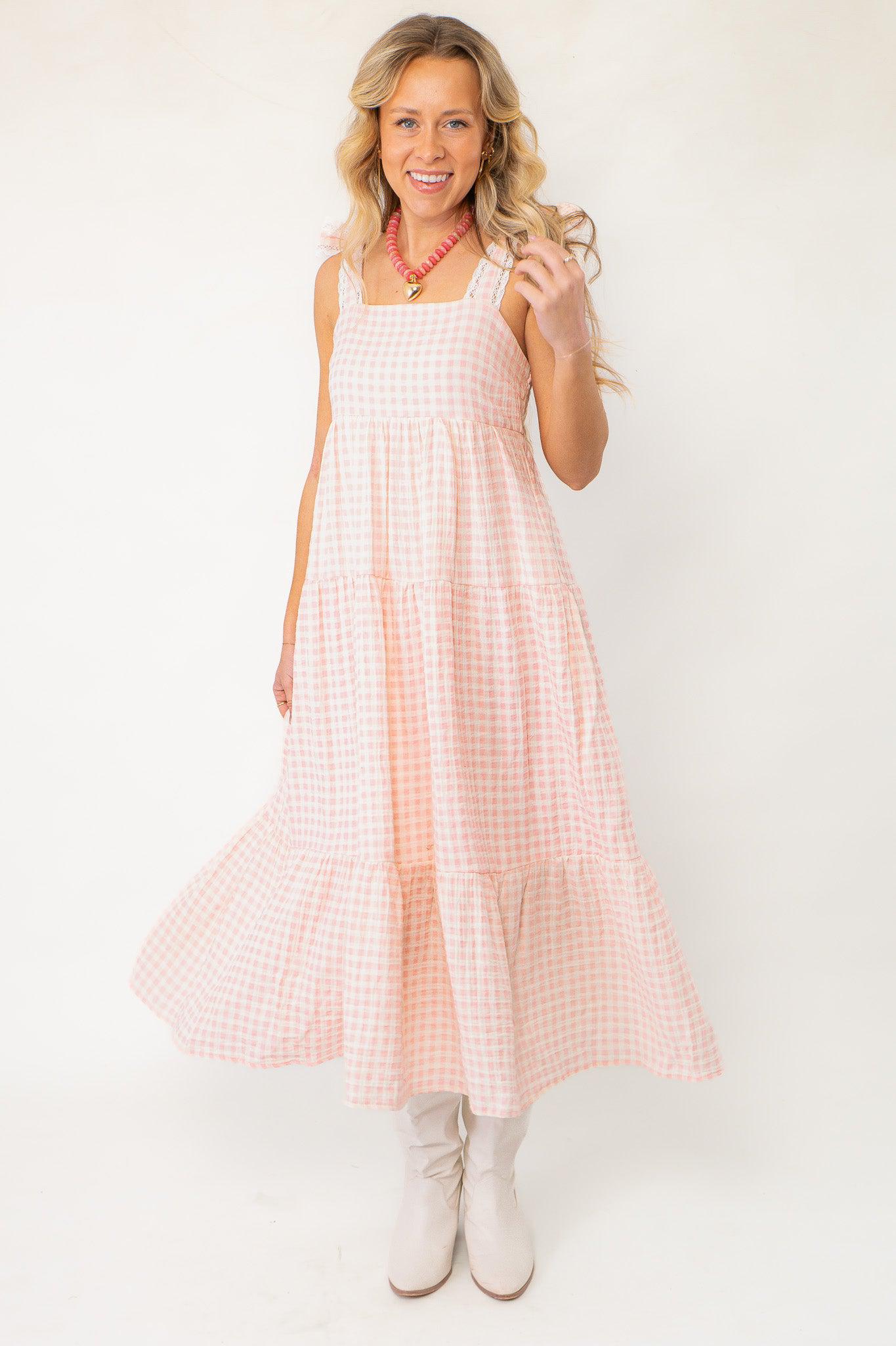 Pink Gingham Maxi Dress with Lace Trim-Dresses-Polagram-L. Mae Boutique & Wild Mabel Clothing