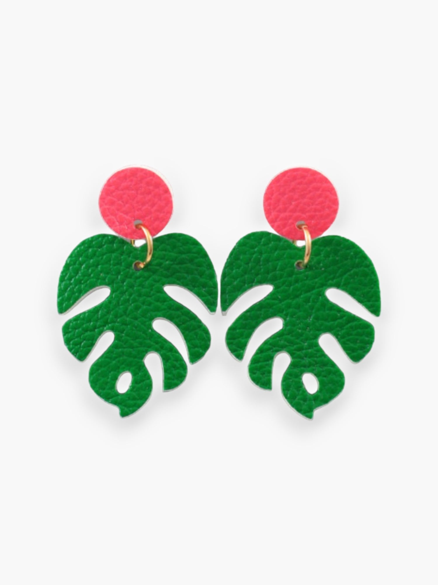 Pink & Green Leather Monstera Leaf Earrings-Jewelry-Golden Stella-L. Mae Boutique & Wild Mabel Clothing