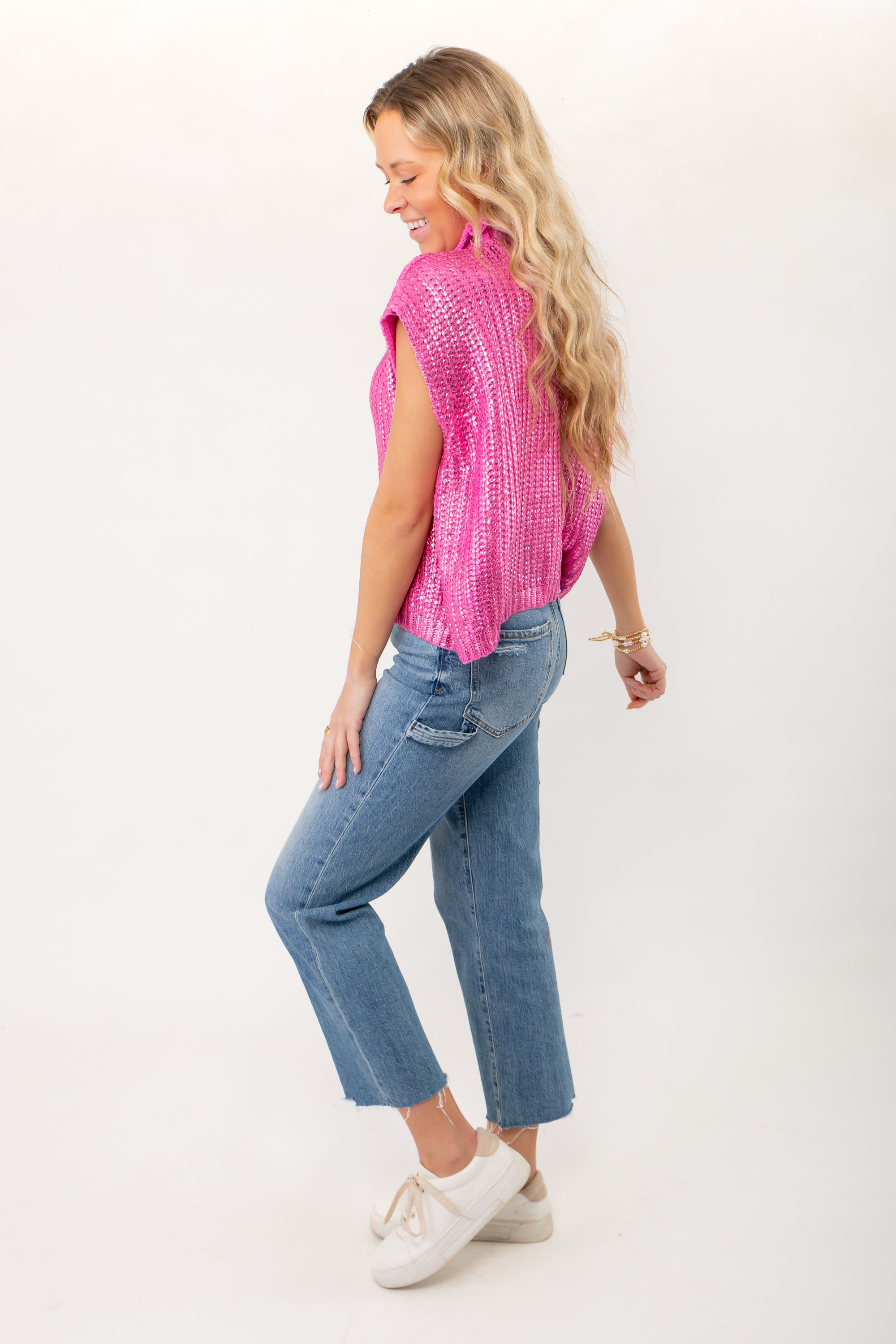 Pink Metallic Foil Sleeveless Sweater-Tops-She + Sky-L. Mae Boutique &amp; Wild Mabel Clothing