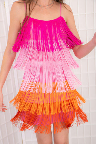 Pink Ombre Fringe Mini Dress-Main Strip-L. Mae Boutique
