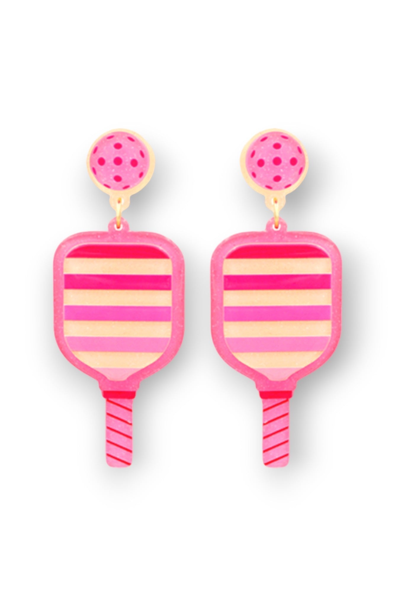 Pink Shimmer Pickleball and Paddle Acrylic Earrings-Jewelry-Golden Stella-L. Mae Boutique & Wild Mabel Clothing