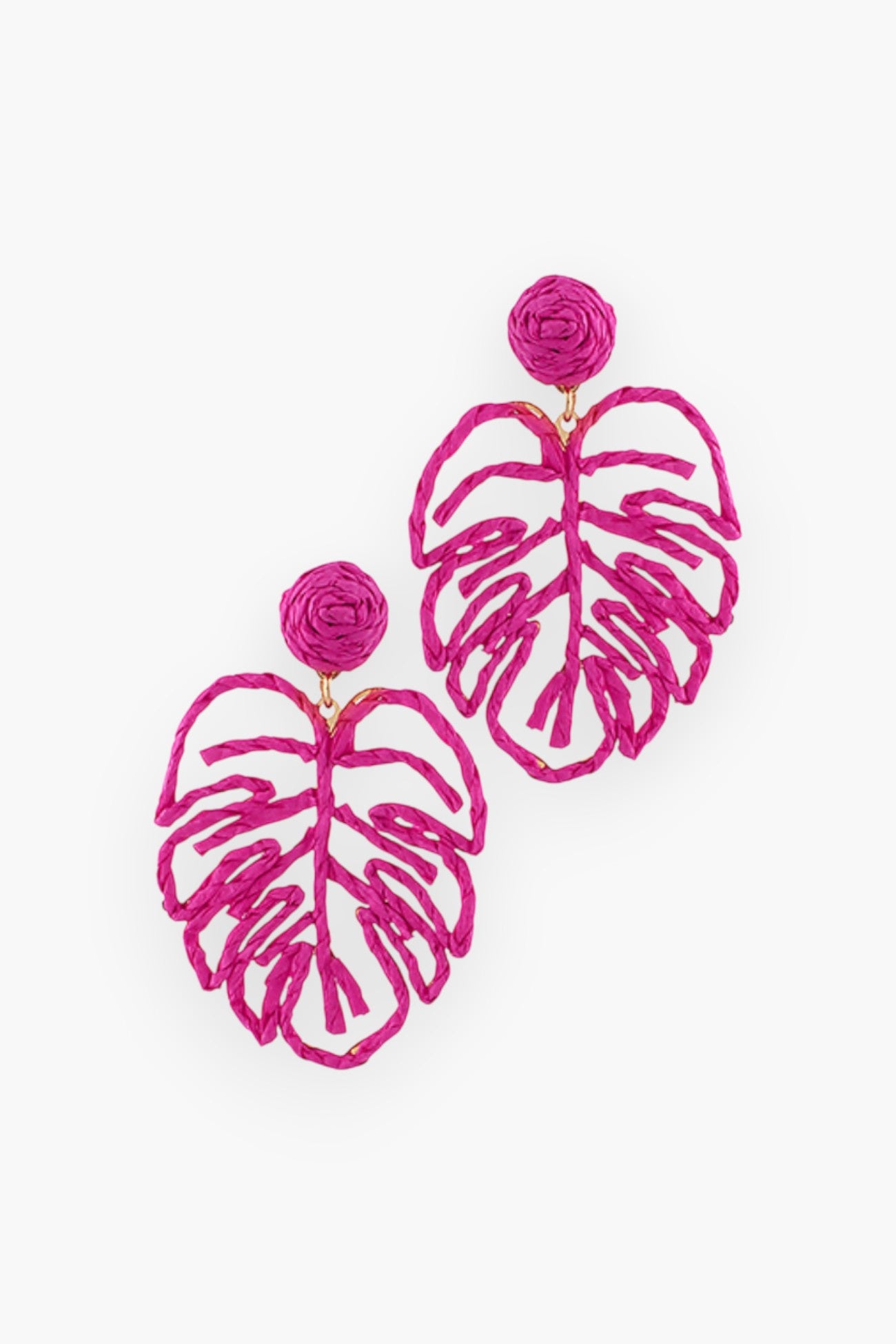 Pink Leaf Raffia Earrings featuring a tropical-inspired lightweight design. These pink raffia earrings add a vibrant touch to summer and vacation outfits.