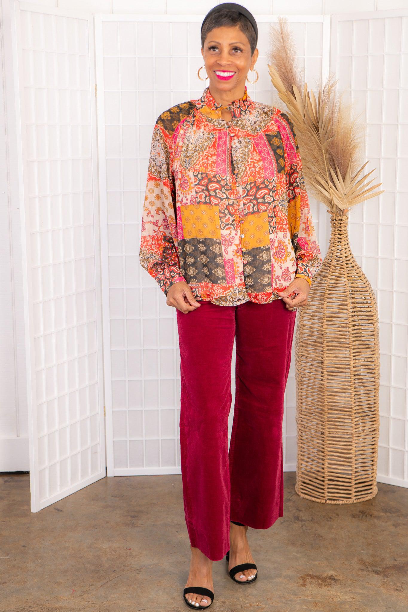 Places To Be Patchwork Button Down Blouse-Tops-Entro-L. Mae Boutique & Wild Mabel Clothing