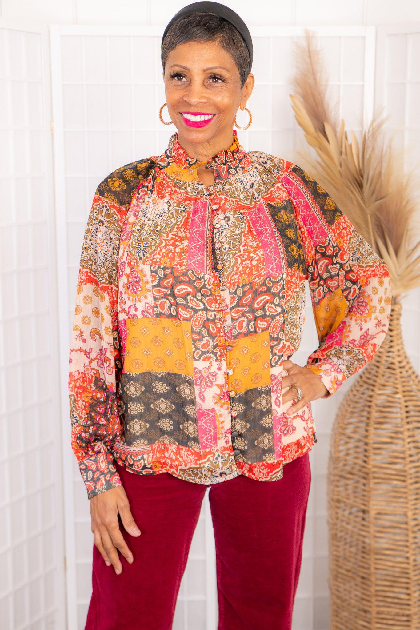 Places To Be Patchwork Button Down Blouse-Tops-Entro-L. Mae Boutique &amp; Wild Mabel Clothing