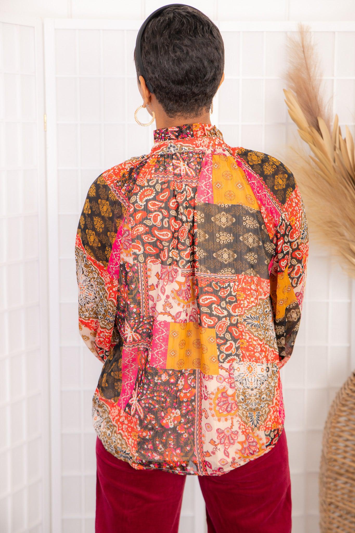 Places To Be Patchwork Button Down Blouse-Tops-Entro-L. Mae Boutique &amp; Wild Mabel Clothing