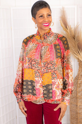 Places To Be Patchwork Button Down Blouse-Tops-Entro-L. Mae Boutique & Wild Mabel Clothing