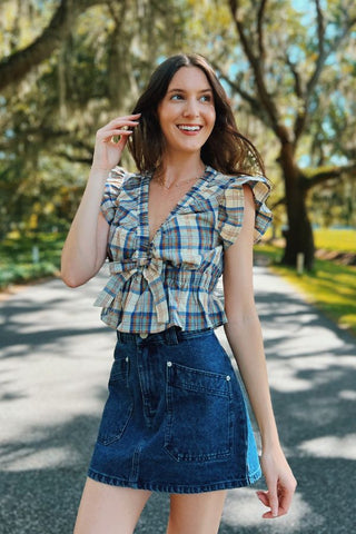 Pretty in Plaid Blue Peplum Bow Top-Tops-day + moon-L. Mae Boutique & Wild Mabel Clothing