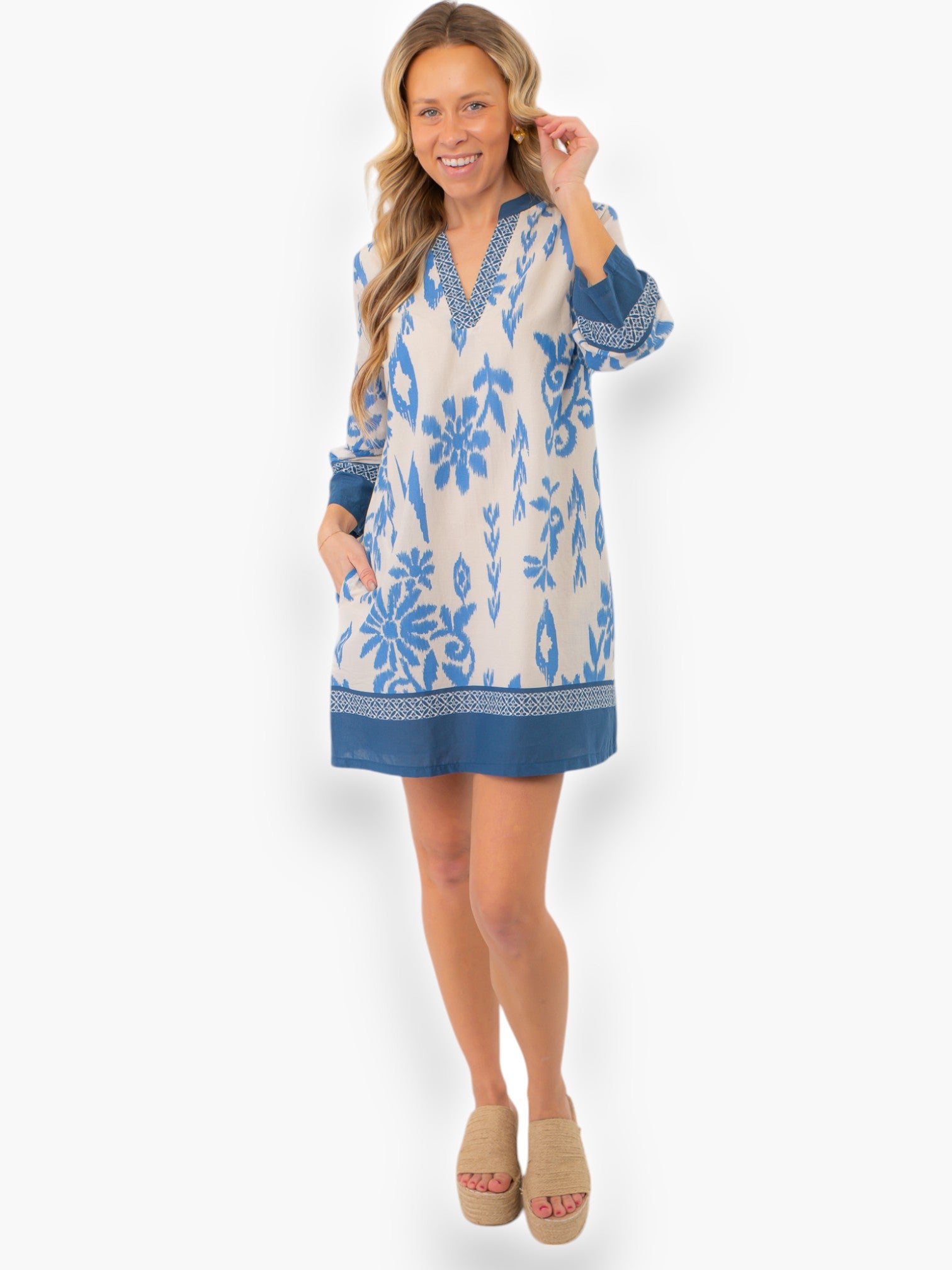 Chic and breezy Priscilla Blue Print Kaftan Dress, perfect for casual outings or vacation wear, styled with a relaxed fit and elegant blue detailing.