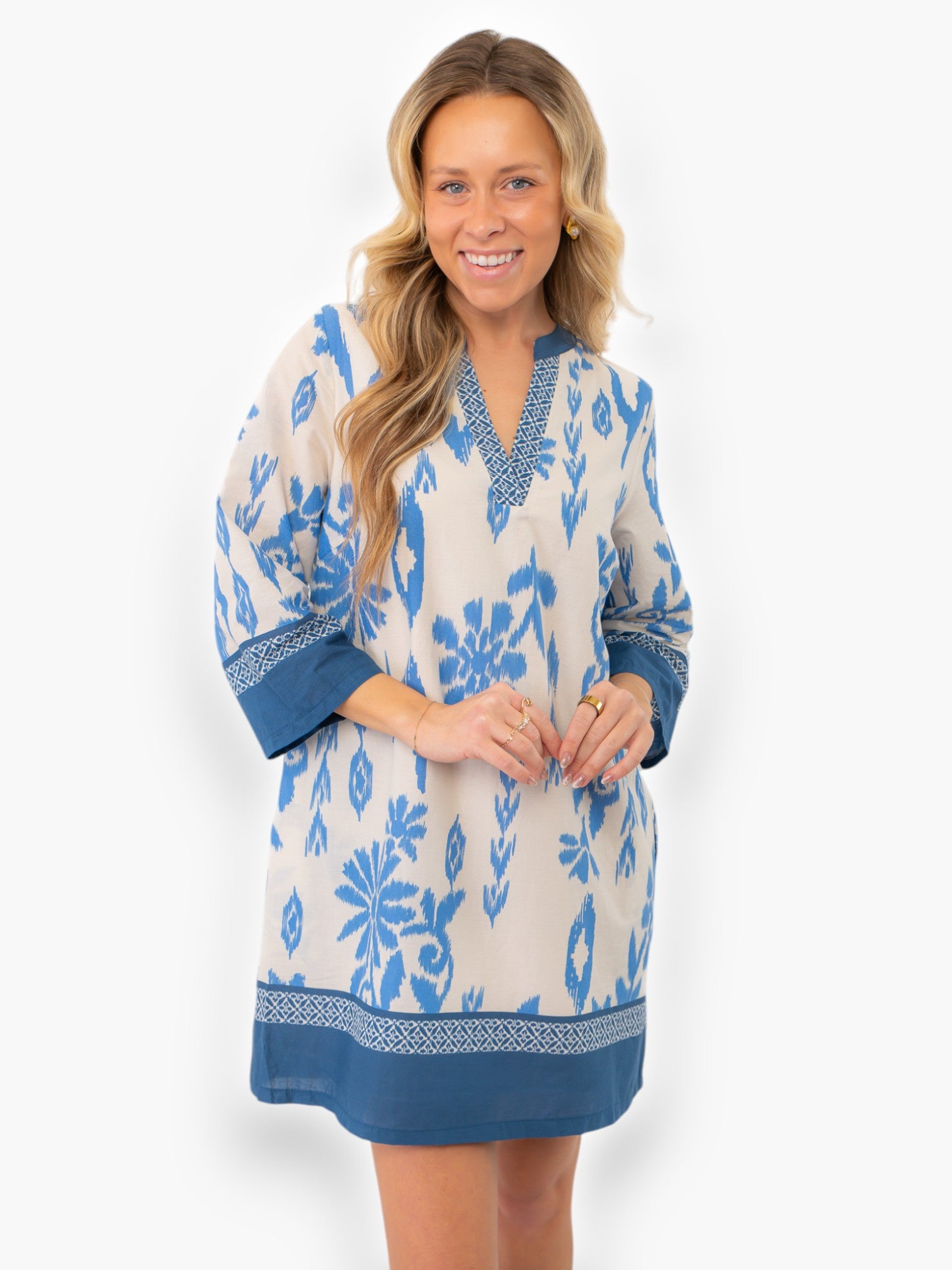 Priscilla Blue Print Kaftan Dress with intricate blue floral patterns on a white background, featuring a V-neckline and three-quarter sleeves.